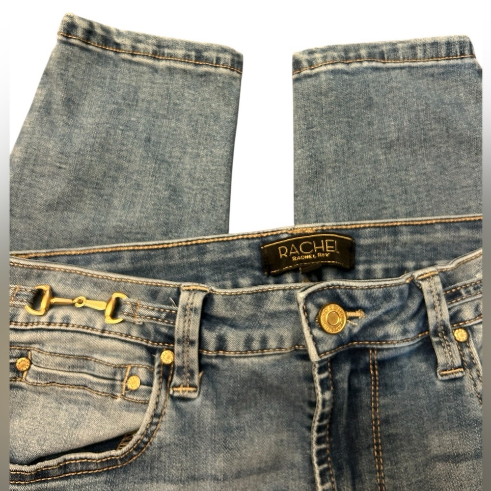 RACHEL Rachel Roy Blue Denim Jeans w Gold Tone Chain Accent at Waist Sz 8/29 EUC - Picture 12 of 12